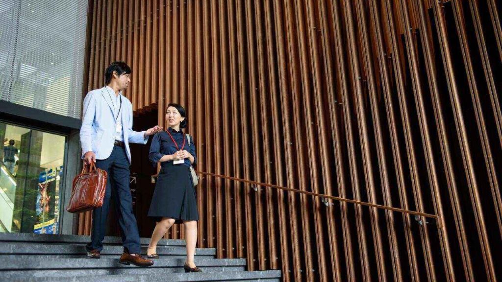 people walking down stairs