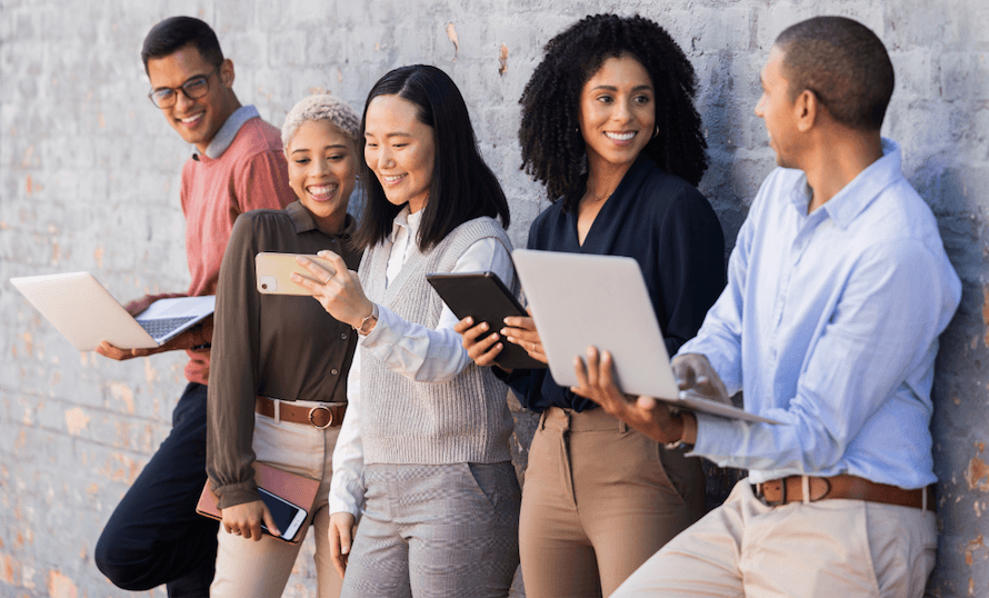 coworkers discussing work at Japanese Media Company